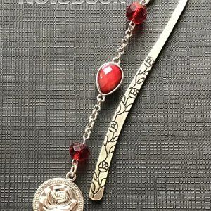 Tibetan Metal Bookmark Rose Engraved Red Garnet Rose Charm